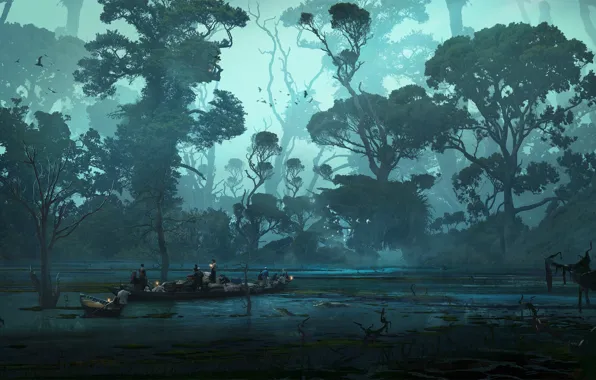 Forest, people, twilight, pond, Swamp and wildness