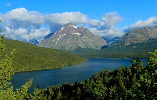 Forest, mountains, lake, Montana, Glacier National Park, Two Medicine Lake, Montana, Glacier national Park
