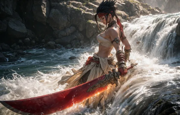 Picture neural networks, AI art, digital art, water flows, digital art, AI Art, brunette, sword