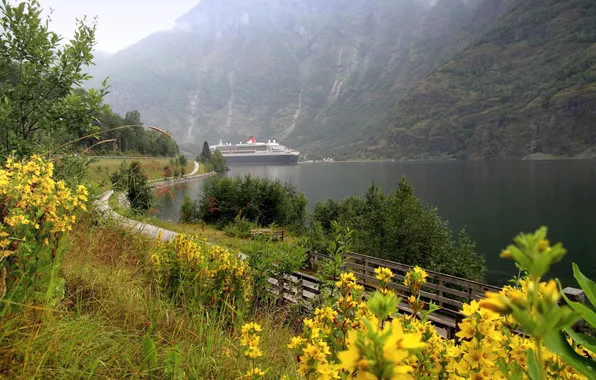 Flowers, mountains, nature, ship, track, Bay, the bridge, path