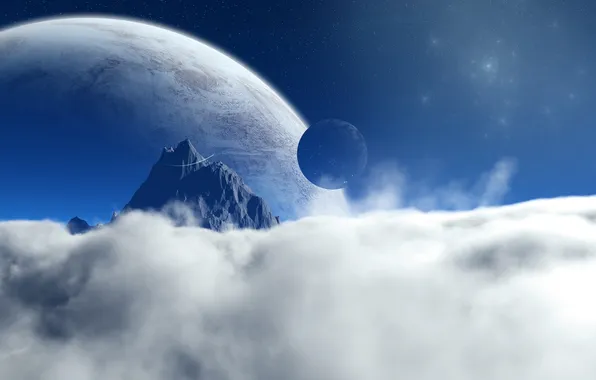 Picture stars, clouds, mountains, planet