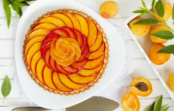 Pie, cake, leaves, cakes, leaves, apricots, apricots, pastries