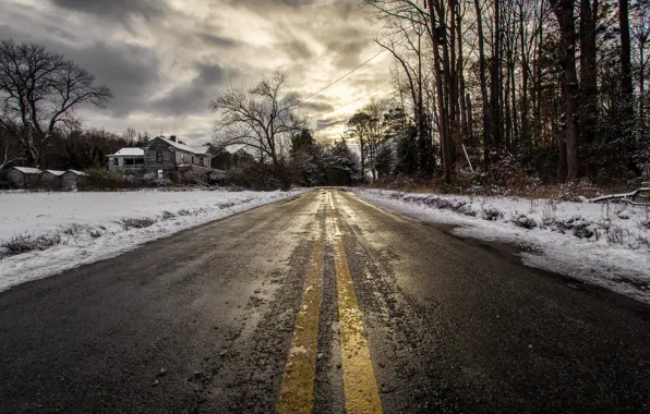 Road, the sky, snow, landscape