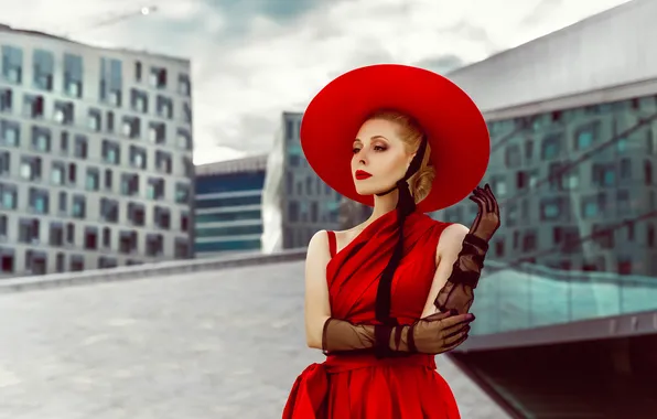 Style, glamour, hat, red dress, gesture, fashion, beautiful girl, charm