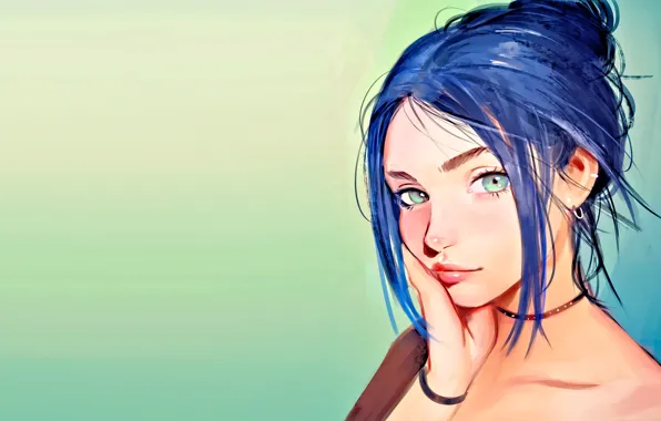 Picture girl, face, figure, girl, green eyes, green eyes, face, purple hair