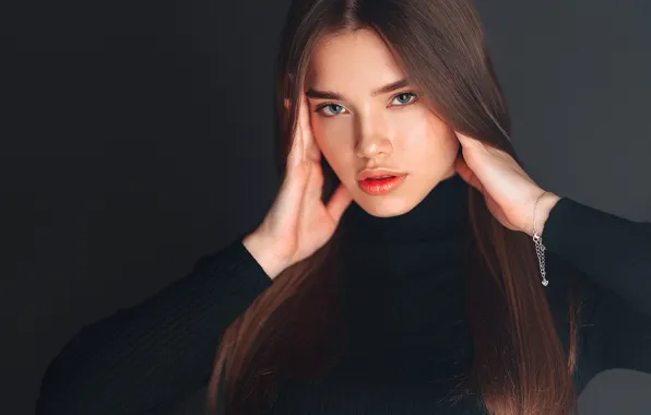 Picture look, girl, face, pose, background, portrait, hands, long hair