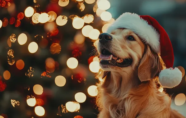 Dog, Christmas, New year, Christmas decorations, Retriever, Christmas tree, AI art, neural network