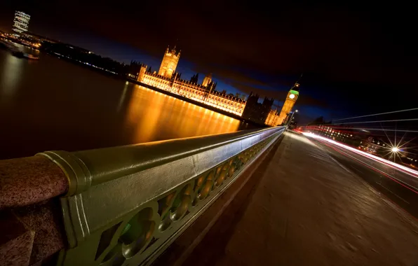 Night, bridge, river, London