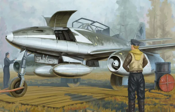 Picture war, art, airplane, painting, aviation, jet, ww2, Messerschmitt Me 262