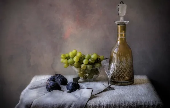 Grapes, vase, still life, glass, decanter, figs