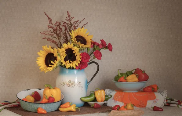 Sunflowers, dishes, pepper, still life