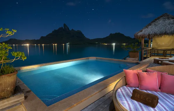 Islands, night, tropics, the ocean, pool, Laguna, Bungalow, polynesia