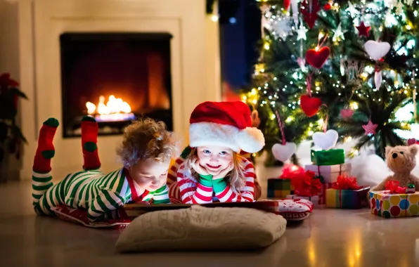 Children, toys, tree, Christmas, New year, book, fireplace, decoration