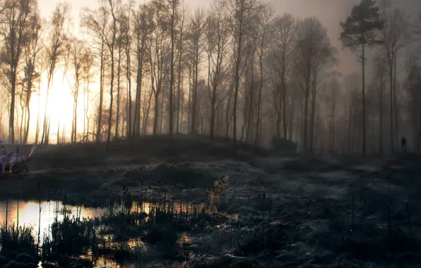 Fire, horror, game, forest, soldier, fog, helicopter, slender