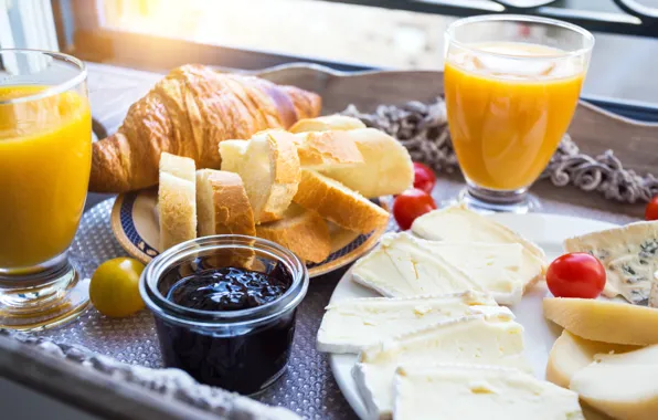 Cheese, juice, bread, jam