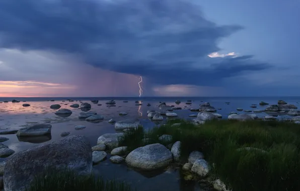 The storm, night, stones, shore, lightning, pond