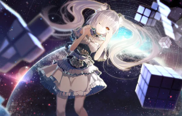 Picture girl, space, smile, earth, planet, anime, art, cube
