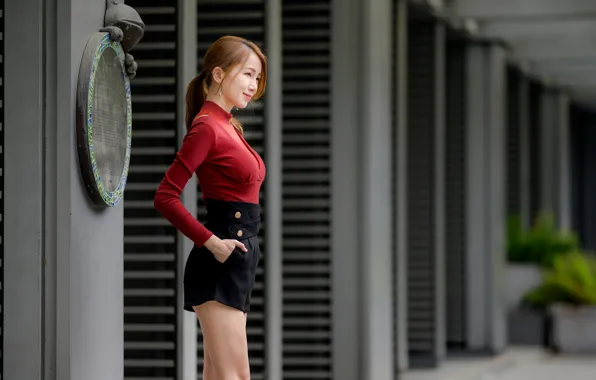 Girl, smile, building, girl, Asian, asian, black shorts