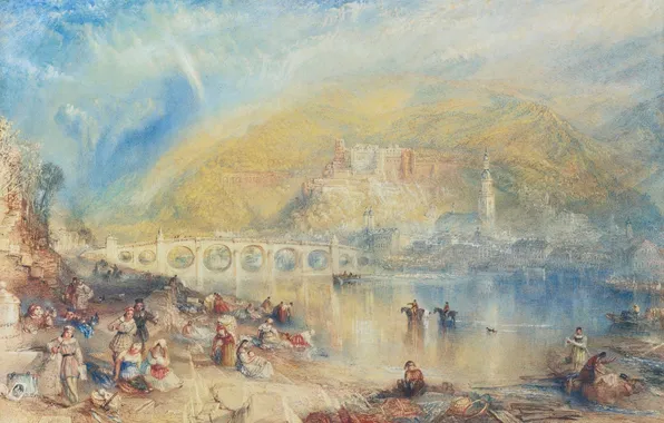 Landscape, mountains, bridge, river, people, picture, William Turner, Heidelberg with a Rainbow