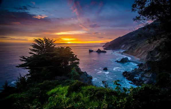 Landscape, sunset, mountains, nature, stones, the ocean, shore, vegetation