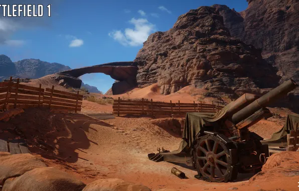 Rocks, fence, gun, Battlefield 1, Sinai Desert