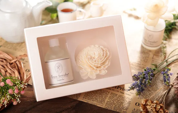 Picture flowers, newspaper, vintage, cosmetics, lavender, bottle