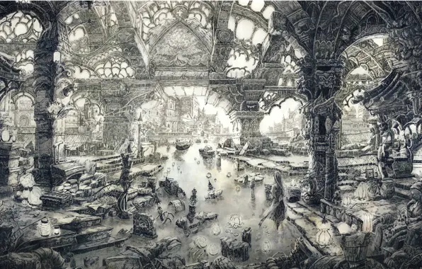 Picture the city, boat, graphics, home, lights, destruction, Church, channel