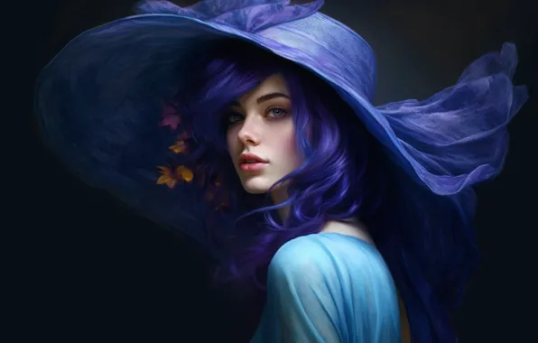 Look, girl, portrait, hat, painting, purple hair, purple background, imitation painting