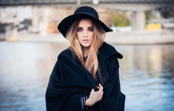Look, girl, face, the city, portrait, hat, makeup, pond