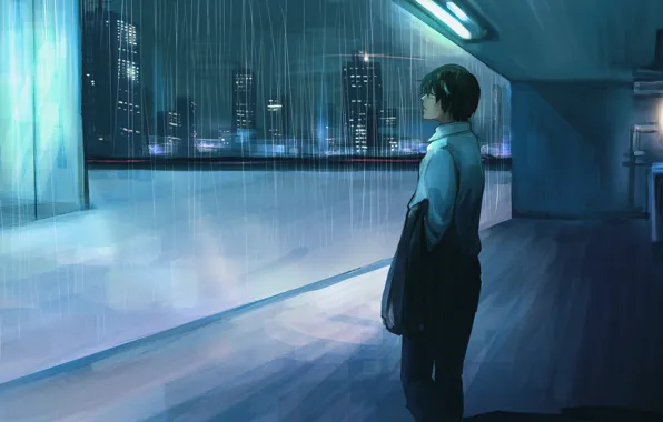 Rain, anime, guy