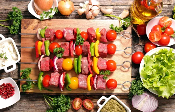 Greens, food, meat, BBQ, vegetables, kebab