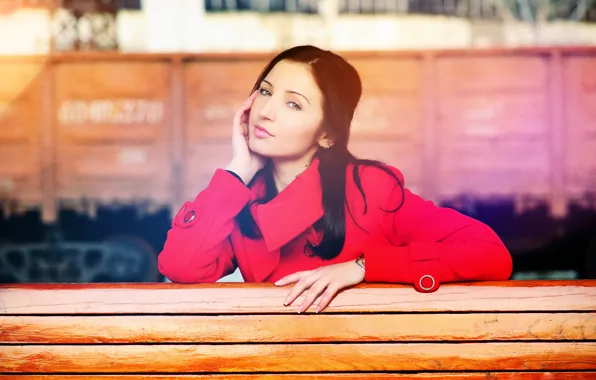 Eyes, girl, bench, tree, hair, train, lips, girl