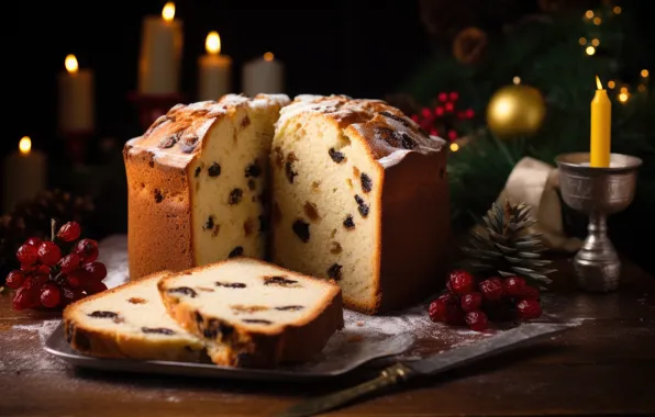 Branches, berries, the dark background, table, candles, ball, Christmas, pie