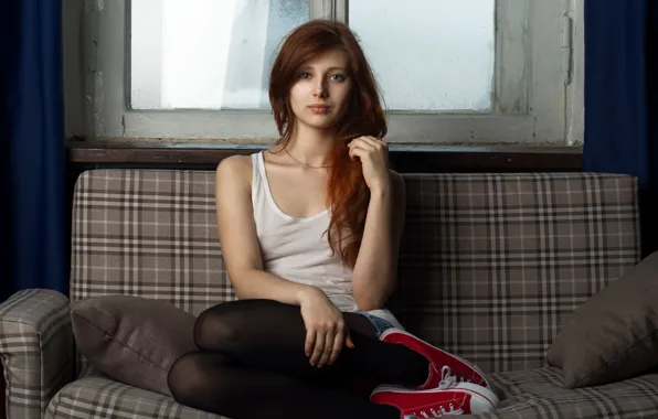 Picture girl, pose, model, shorts, sneakers, portrait, pillow, makeup