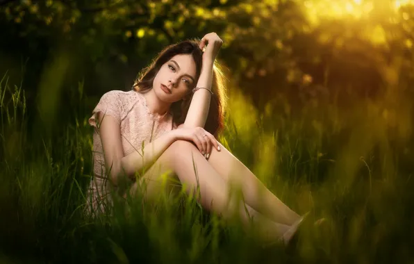 Dress, legs, in the grass, curls, Sergey Kudas, Sofia Alekseeva