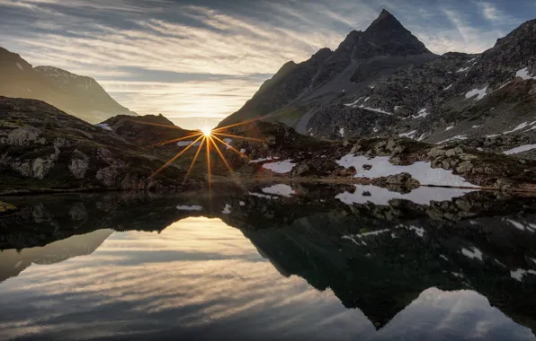 The sky, the sun, clouds, rays, snow, landscape, mountains, nature