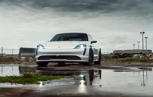 Picture Porsche, White, Turbo S, Reflection, Electric, Taycan