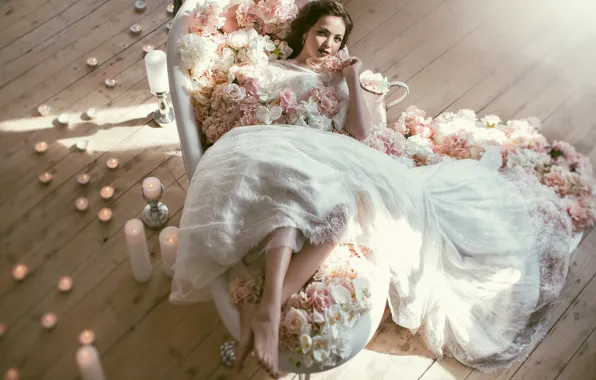 Picture flowers, style, candles, the bride, wedding dress, Valeriya Mytnik, Asel
