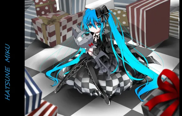 Picture strips, box, gift, pillow, vocaloid, black dress, hatsune miku, bow