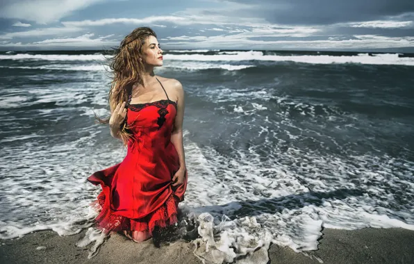 Picture sea, wave, the sky, look, water, girl, pose, the wind