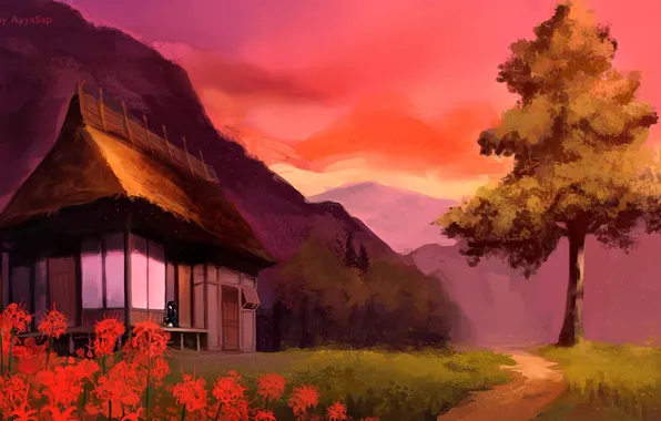 Sunset, mountains, tree, house, schoolgirl, path, art, Ayya Saparniyazova