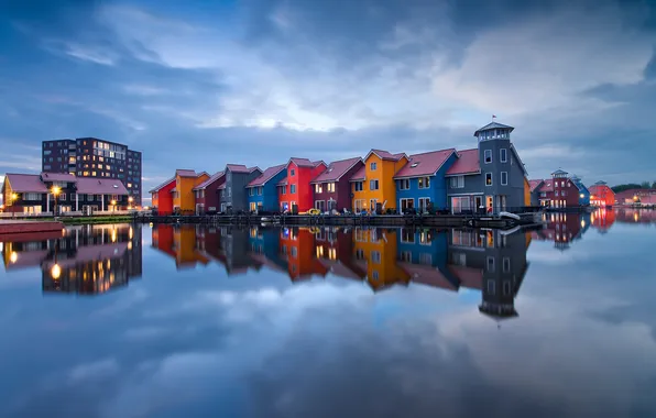 Water, lights, reflection, home, the evening, Netherlands, Groningen