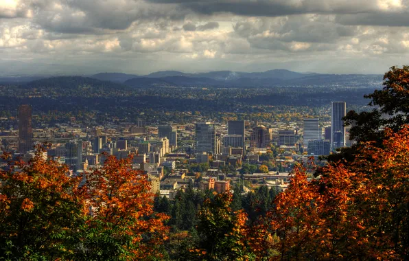 Clouds, trees, landscape, mountains, home, USA, the view from the top, Portland