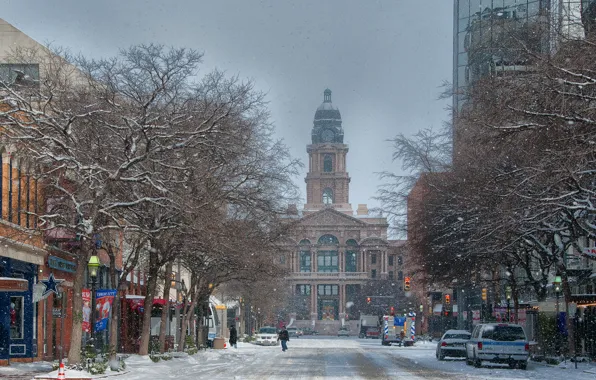 Snow, snow, usa, Texas, Texas, Fort Worth, Courthouse, Fort Worth