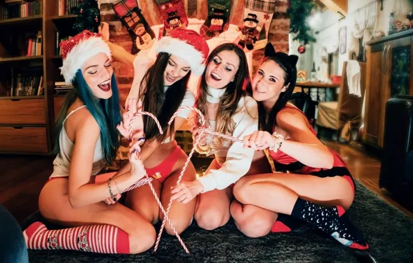 Girls, holiday, New Year, young, beautiful, fun, laugh, holiday decorations