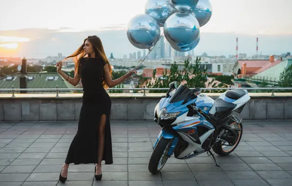 Girl, balls, pose, balloons, dress, motorcycle, Suzuki, Ilya Pistols