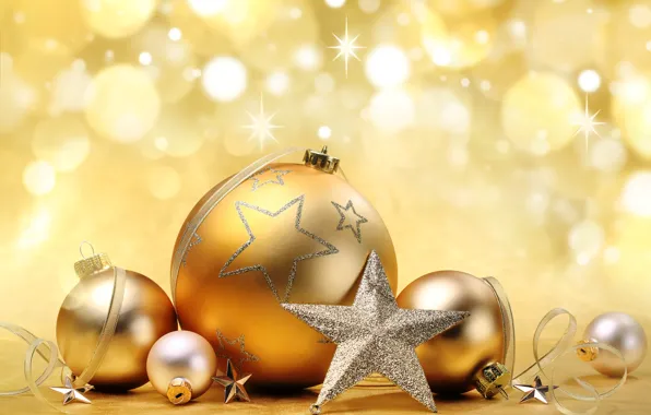 Decoration, balls, star, New Year, Christmas, gold, Christmas, bokeh