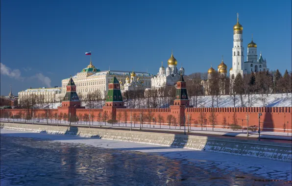 Picture winter, river, Moscow, tower, Russia, promenade, temples, The Moscow river