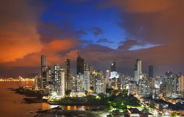 Picture sea, the sky, trees, landscape, sunset, lights, home, skyscrapers