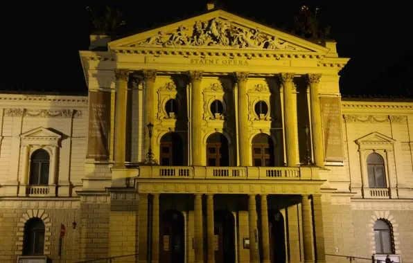 Night, lights, Prague, Czech Republic, theatre, Opera